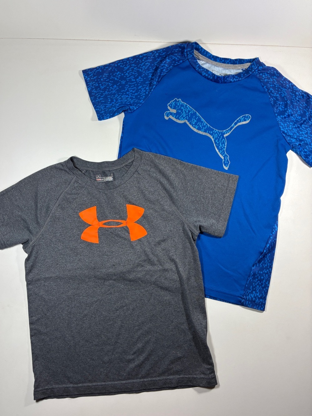 Under Armour Gray Tee with Orange Logo & Puma Blue Logo Tee, size 7